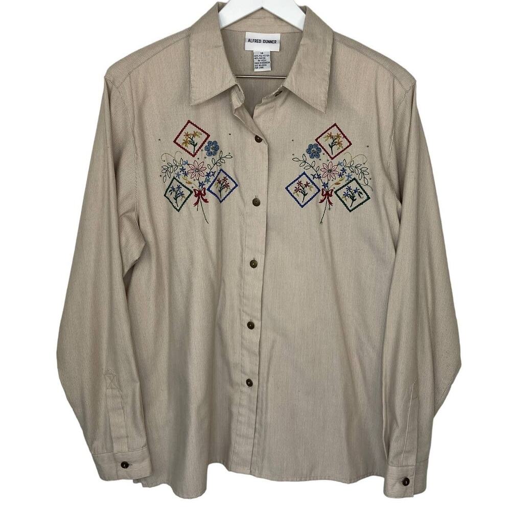 Embroidered Floral Granny Button Up Shirt - Women's Size 14